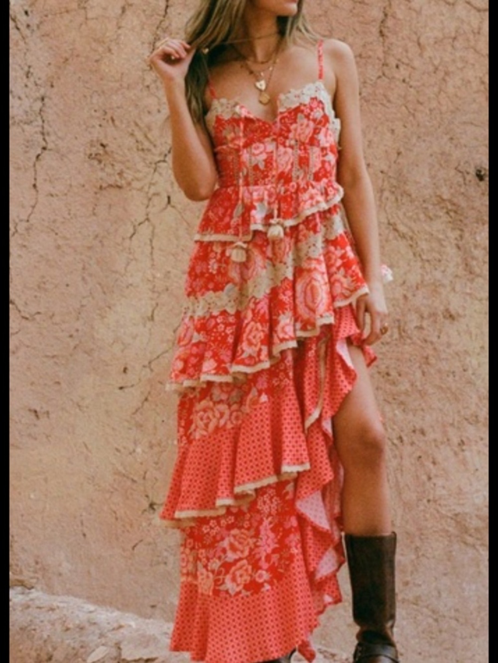 Spell Coral Floral High-Low Ruffle Maxi Dress